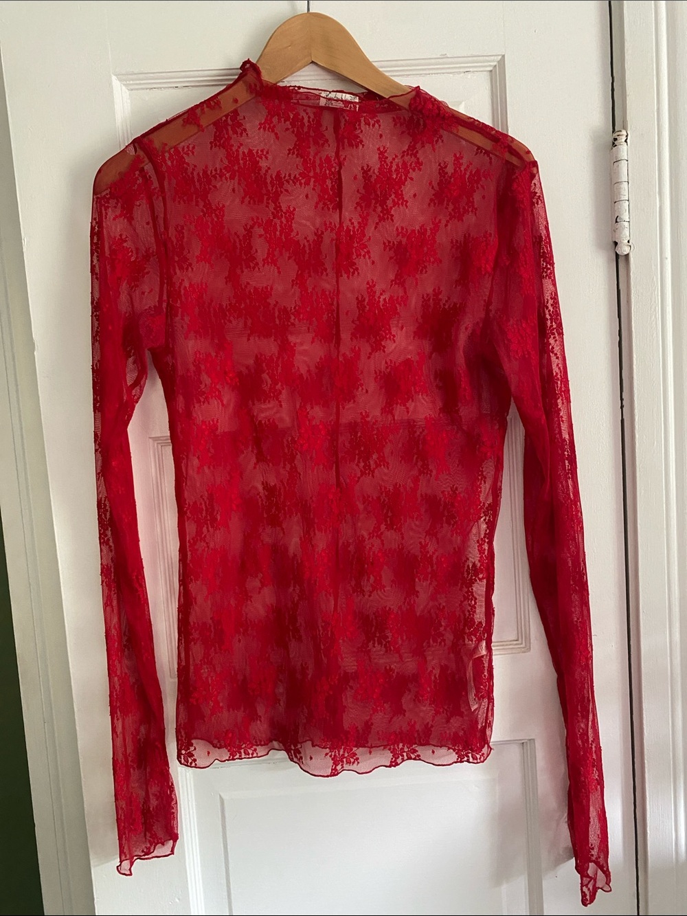 Free People lady lux layering top Red Sheer Lace Long-Sleeve size xl